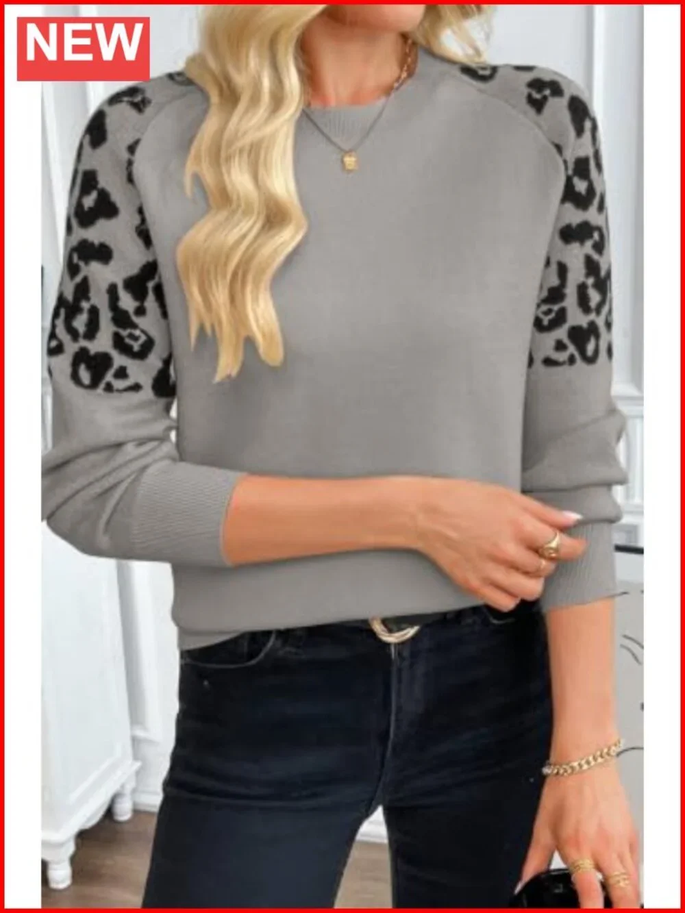 Raglan Sleeve Leopard Knit Pullover Sweater Loose Fit Fall Winter